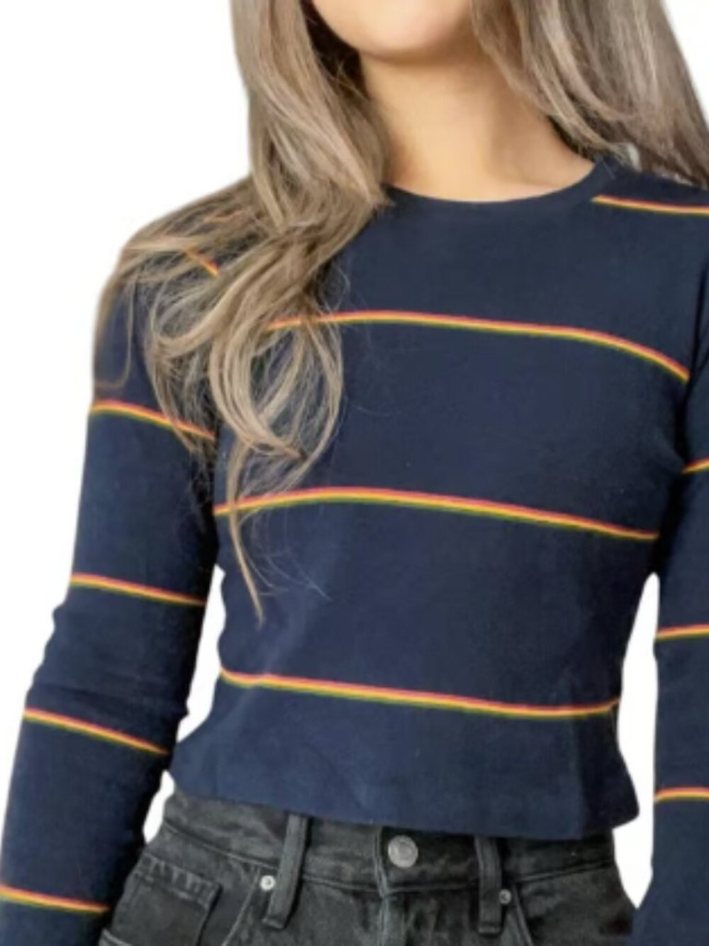 Brandy Melville Navy Long-Sleeve Crop Top with Rainbow Stripes
